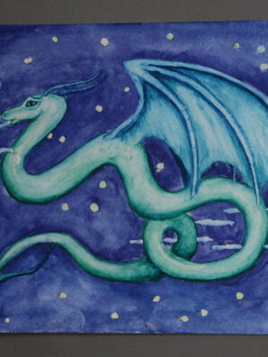 Blauwgroene ruimtedraak aquarel